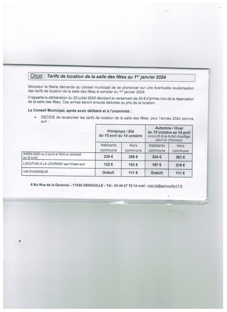 Les tarifs municipaux